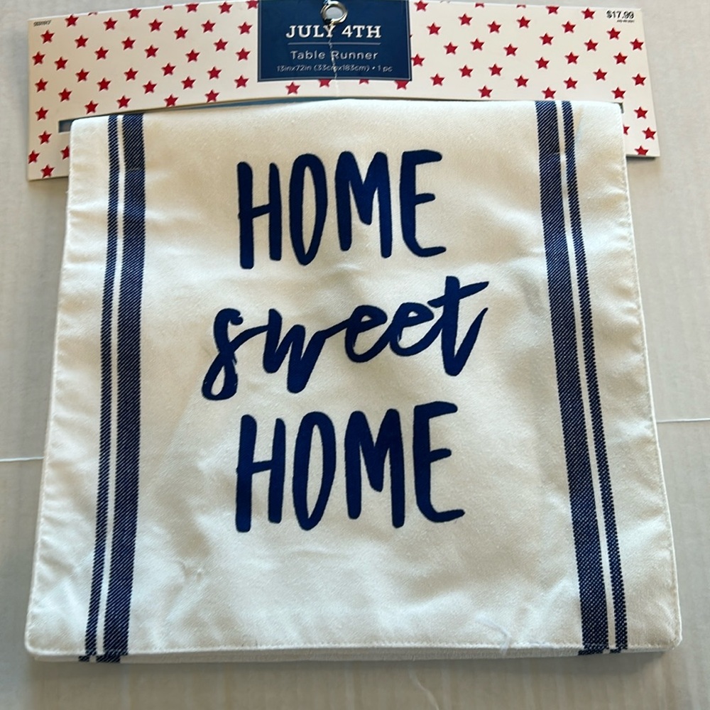 NWT Hobby Lobby “Home Sweet Home” Blue & White Table Runner 13” x 72”